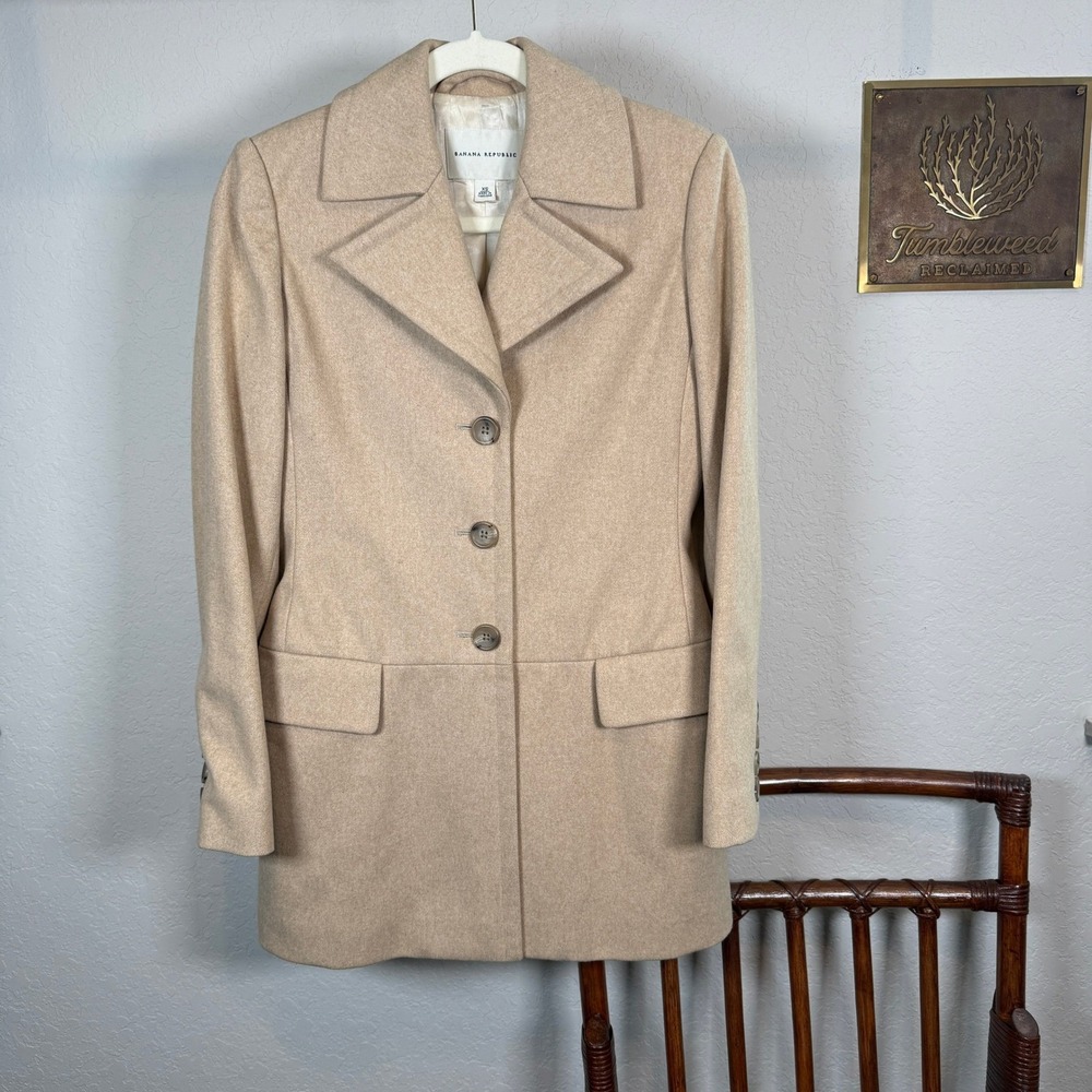 Banana Republic Tan Wool Blend Car Coat Womens XS Beige Button Front Flap Pocket